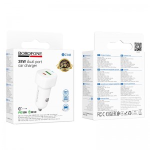 Блок питания автомобильный 1 USB, 1 Type-C Borofone BZ34B, 5V, 3.0A, 38Вт, PD, QC 3.0, цвет: белый