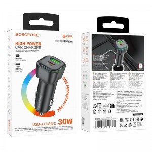 Блок питания автомобильный 1 USB, 1 Type-C Borofone BZ28A, Trophie, 5V, 3.0A, 30Вт, PD, QC 3.0, цвет: черный
