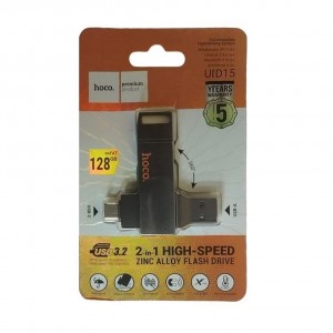 Флеш-накопитель 128Gb Hoco UD15, 2в1 USB, Type-C, USB 3.2, цвет: серый