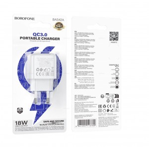 Блок питания сетевой USB Borofone BAS42A, Potential, 5V, 3.0A, 18Вт, QC3.0, цвет: белый