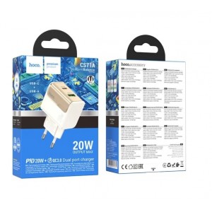 Блок питания сетевой 1 USB, 1 Type-C HOCO CS71A, Star speed, 20Вт, PD, QC, FCP, AFC, цвет: белый