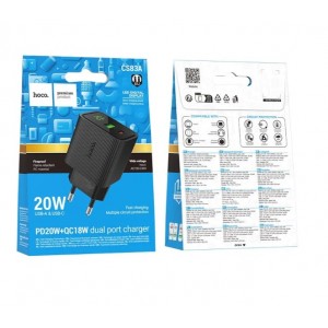 Блок питания сетевой 1 USB, 1 Type-C Hoco CS83A с дисплеем, 20Вт, PD, QC, FCP, AFC, цвет: черный