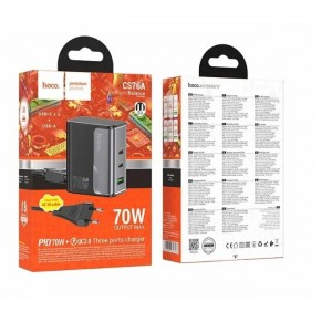 Зарядное устройство Hoco CS76A, 70Вт, 3 порта, 1USB, 2Type-C, цвет: черный
