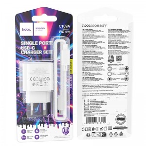 Блок питания сетевой 1 USB HOCO C109A, Fighter, 10,5Вт, кабель Type-C, цвет: белый