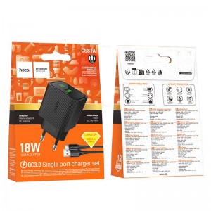 Блок питания сетевой USB Hoco CS81A с LED-дисплеем, 5V, 3.0A, 18Вт, QC3.0, кабель USB - Type-C, 1.0м, цвет: черный