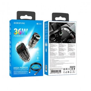 Блок питания автомобильный 1 USB, 1 Type-C Borofone BZ29A, 5V, 3.0A, 36Вт, PD, QC 3.0, FCP, AFC, кабель Type-C-Type-C, 1.0м, цвет: черный, прозрачный