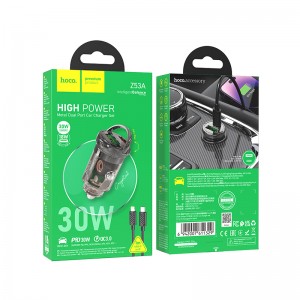 Блок питания автомобильный 1 USB, 1 Type-C HOCO Z53A, Vision, 30Вт, PD/QC/AFC/FCP, кабель Type-C-Type-C, 1.0м, цвет: черный, прозрачный