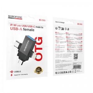 Переходник 3в1, Type-C(m), 8 pin(m), микро USB(m) - USB 3.0(f) Borofone BV26D, цвет: серебряный