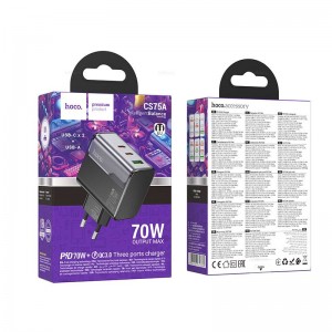 Блок питания сетевой 1 USB, 2 Type-C HOCO CS75A, Star speed, 70Вт, PD, QC, FCP, AFC, цвет: чёрный