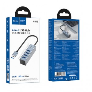USB-концентратор HOCO HB1B, 4 гнезда, 4хUSB3.0, кабель USB, цвет: серый
