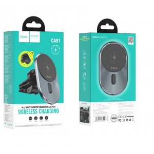 Держатель автомобильный HOCO, CA91, MAGIC, магнитный, на воздуховод, для телефона, беспроводная зарядка QI, цвет: серый