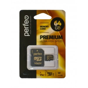 Карта памяти MicroSD 64GB Perfeo High-Capacity, Class, 10 UHS-3 V30, с адаптером