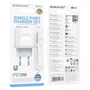 Блок питания сетевой 1 Type-C Borofone BA99A, PD20W, кабель Type-C-Type-C 1.0м, цвет: белый