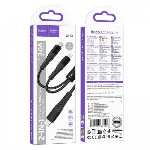 Кабель HOCO X123 2в1, Type-C-Type-C, 8-pin, Type-C, 1.0м, 3A, цвет: черный