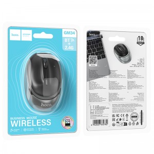 Мышь беспроводная HOCO GM34, USB, Bluetooth+2.4гГц, беспр.,опт.,4кн., 800-1600dpi, цвет: черно-серый