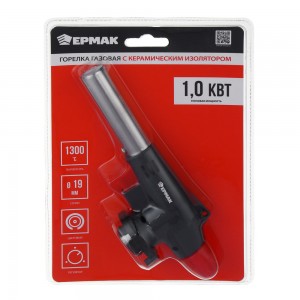 Горелка газ. с керам.изолятором тм ЕРМАК, с пьезорозжигом, цанг.захват, шир. cопло, 17,5х4х6,2 см