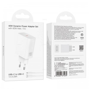 Блок питания сетевой 1 Type-C HOCO C162A, 40 Вт, PD/QC/FCP/AFC, кабель Type-C-Type-C, 1,0 м, цвет: белый