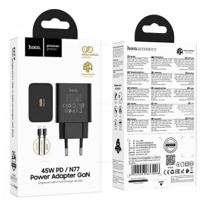Блок питания сетевой 1 Type-C HOCO N77, 45 Вт, PD/QC/FCP/AFC, кабель Type-C-Type-C, 1,0 м, цвет: черный