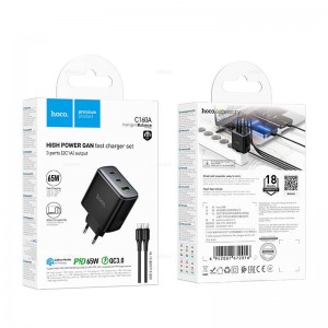 Блок питания сетевой 1 USB, 2 Type-C HOCO C160A, Upgrade, 5V, 3.0A, 65Вт, PD/PPS/QC/FCC/AFC, кабель Type-C-Type-C, цвет: черный