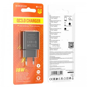 Блок питания сетевой 1 USB Borofone BA72A, 2.1A, 18Вт, QC3.0, цвет: черный