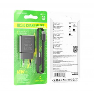 Блок питания сетевой 1 USB Borofone BA72A, 2.1A, 18Вт, QC3.0, кабель Type-C, цвет: чёрный