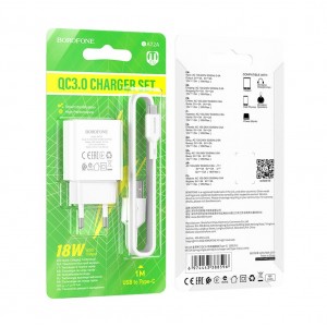 Блок питания сетевой 1 USB Borofone BA72A, 2.1A, 18Вт, QC3.0, кабель Type-C, цвет: белый