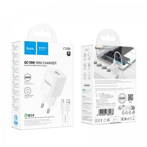Блок питания сетевой 1 USB HOCO C145A, Charm, 18Вт, QC3.0, кабель Type-C , 1.0м, цвет: белый