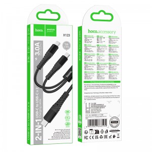 Кабель HOCO X123 2в1, Type-C-Type-C, Type-C-Type-C, Type-C, 1.0м, 3A, цвет: черный