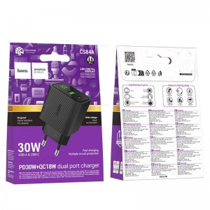 Блок питания сетевой 1 USB, 1 Type-C HOCO CS84A, 30Вт, PD, QC, FCP, AFC, цвет: чёрный