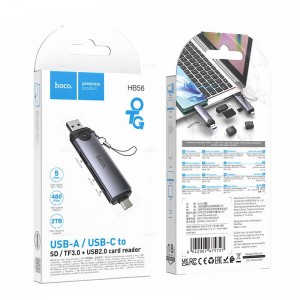 Кардридер HOCO HB56, Type-C/USB 2.0, ABS, TF/ SD карта, цвет: чёрный
