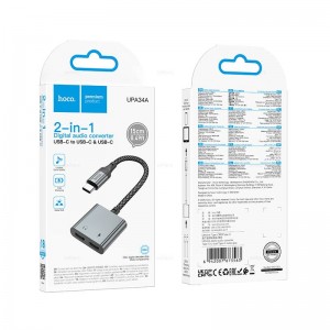 Адаптер HOCO UPA34A, Type-C - 2 Type-C, 15см, аудио, цифровой, цвет: серый