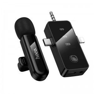 Микрофон прищепка беспроводной Hoco L20B, 3в1, Type-C, Lightning 8-pin, 3,5мм, цвет: черный