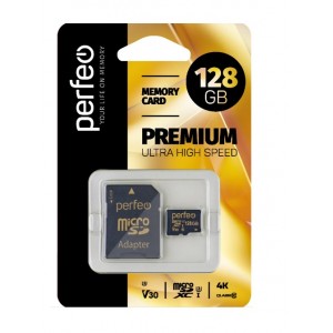 Карта памяти MicroSD 128GB Perfeo High-Capacity, Class, 10 UHS-3 V30, с адаптером