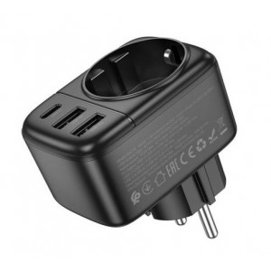 Разветвитель сетевой Borofone, BAC14, Wide, 5V, 2,4A, 1 розетка, 2 USB, Type-C, 12 Вт, цвет: чёрный