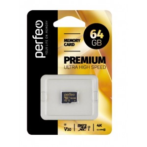 Карта памяти microSDXC 64GB Perfeo, Class 10, UHS-3 V30, без адептера