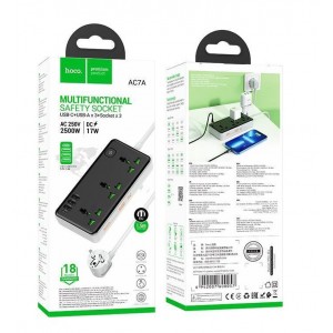 Сетевой фильтр HOCO AC7A, 3м, 10A/250V, 5V/3A, 3 розетки, 3хUSB, Type-C, с выключателем, цвет: чёрный