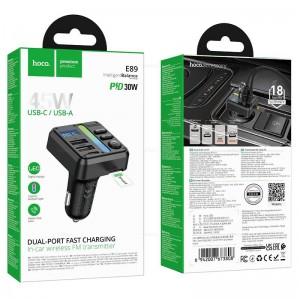 FM-трансмиттер Hoco E89, Bluetooth, пластик, дисплей, микрофон, кнопка ответа, цвет: чёрный
