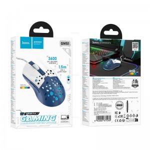Мышь проводная HOCO, GM51, Sky luminous, оптическая, светодиодная, игровая, цвет: белый с синим