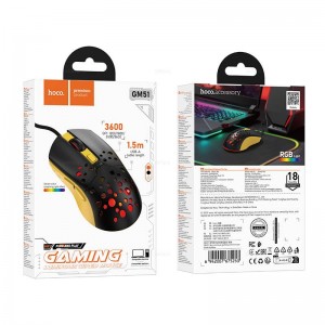 Мышь проводная HOCO, GM51, Sky luminous, оптическая, светодиодная, игровая, цвет: чёрный с желтым