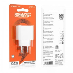 Блок питания сетевой 1 USB Borofone BAS11A, Erudite, 5V/2.1A, 10.5Вт, цвет: белый