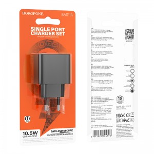 Блок питания сетевой 1 USB Borofone BAS11A, Erudite, 5V/2.1A, 10.5Вт, цвет: черный