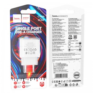 Блок питания сетевой 1 USB HOCO C109A, Fighter, 10,5 ВТ, 1.0м, цвет: белый